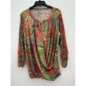Anne Klein Womens Faux Wrap Blouse L Multicolor 3/4 Sleeve Abstract Peacock Work